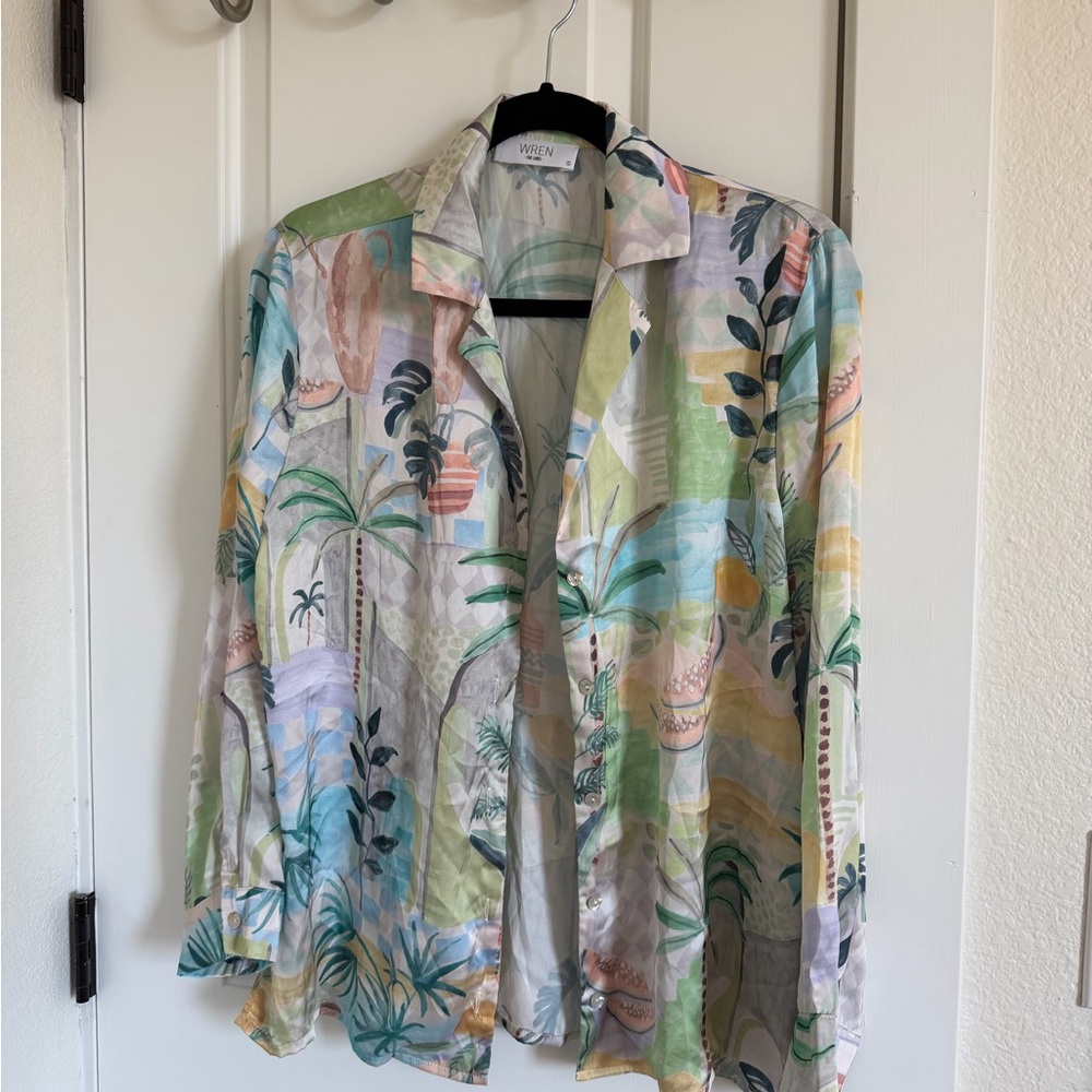 Wren Pastel Tropical Palm Print Button-Down Shirt